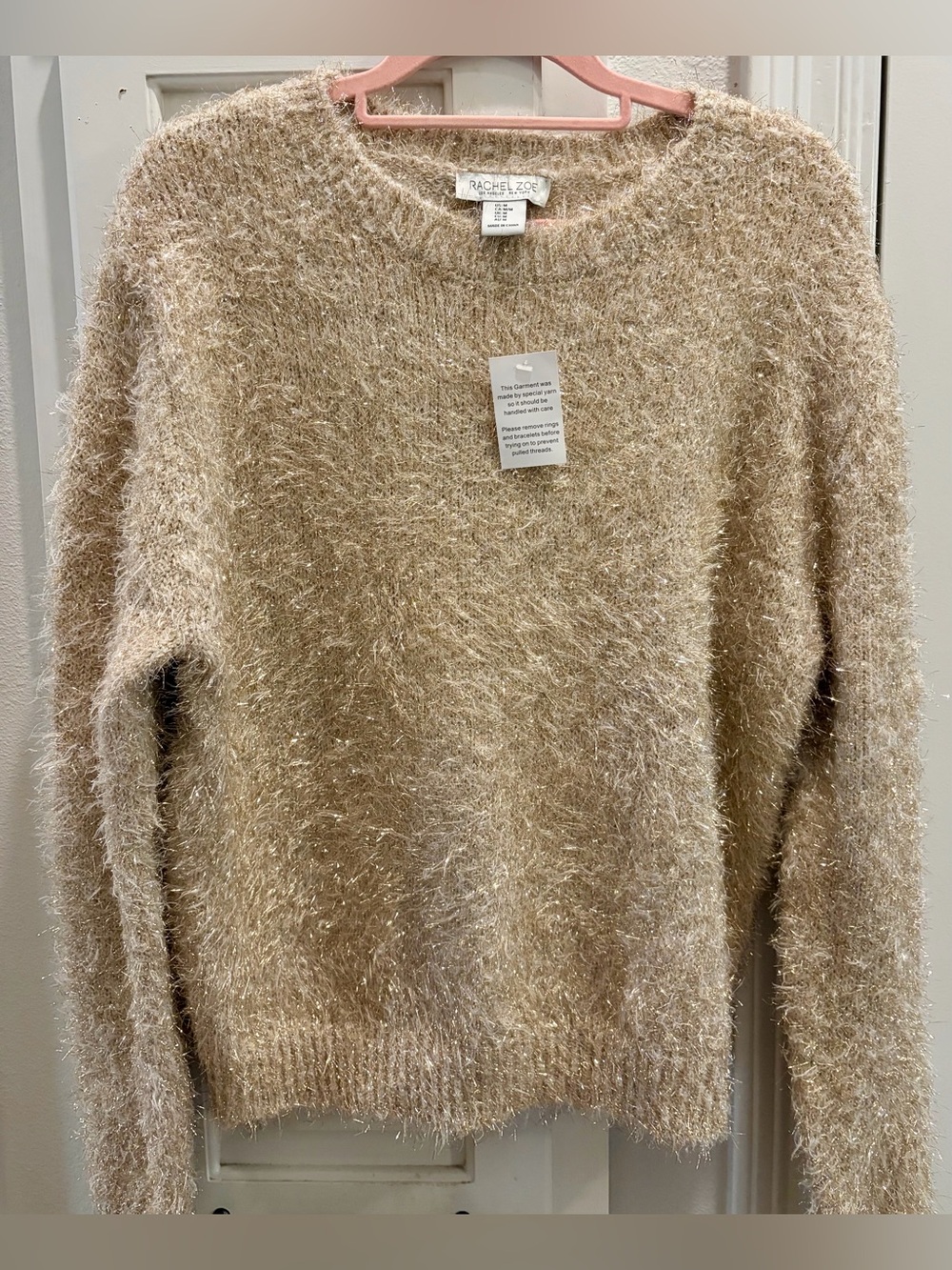 NWT RACHEL ZOE Champagne Cream Metallic Shaggy Crewneck Sweater